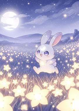 Cute Bunny in Starry Flower Field
