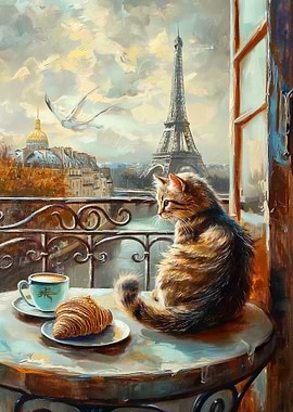 Cat with croissant in Paris painting