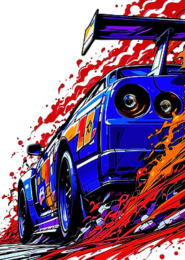 Blue Racing Car with Red Splashes