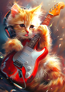 Cat playing electric guitar with headphones