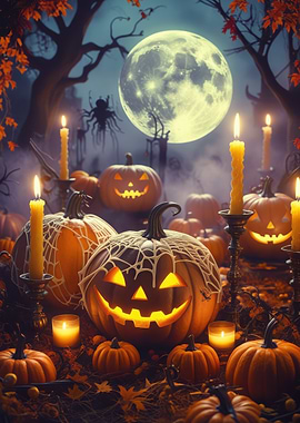 Halloween Pumpkins and Candles Under Moonlight