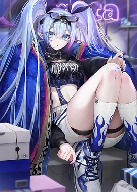 Anime Girl with Blue Hair and Sneakers