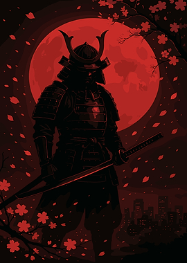 Samurai Warrior with Red Moon