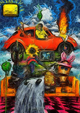 Surreal Car and Waterfall Composition