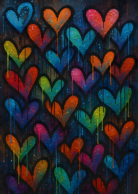 Colorful Dripping Hearts on Dark Background