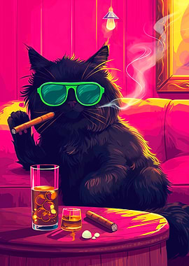 Cool Cat with Cigar and Drink