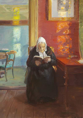 Elderly Woman Reading Book Indoors Painting
