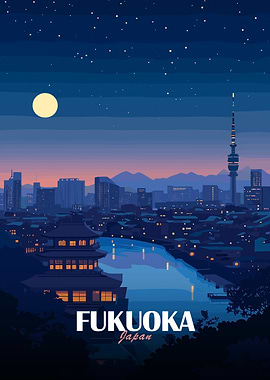 Fukuoka Japan Night Cityscape Illustration