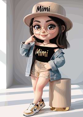 Cartoon Girl with Mimi Hat and Shirt