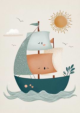 Cute Cartoon Sailboat on the Sea