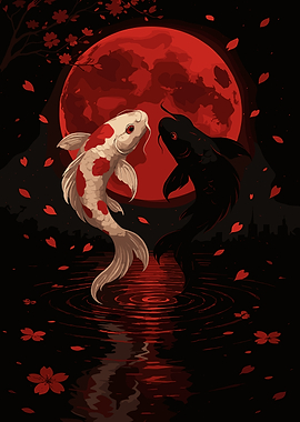 Koi Fish Yin Yang Red Moon