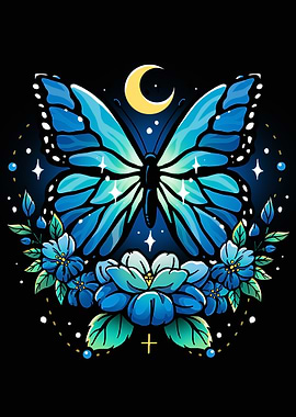 Blue Butterfly with Flowers and Moon