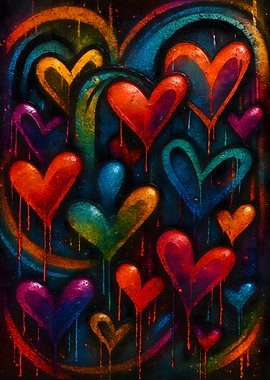 Colorful Dripping Hearts on Dark Background