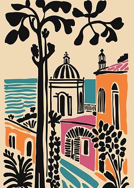 Colorful Mediterranean Village Illustration