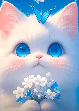 White Cat Blue Butterfly