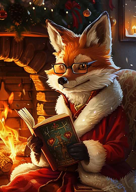 Fox reading a book by fireplace