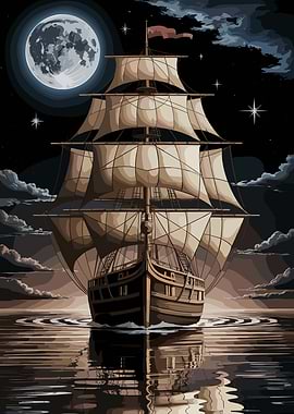 Sailing Ship Under Moonlight