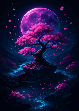 Pink Cherry Blossom Tree Under Moon