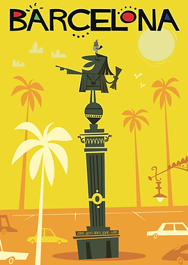 Barcelona Travel Poster Cartoon Style