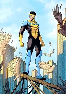 Invincible Comic Book Hero in Cityscape