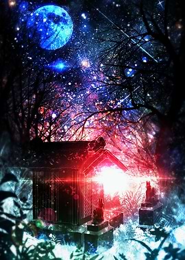 Japanese Shrine Under Starry Night Sky