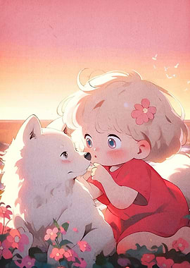 Anime Girl Dog Flower