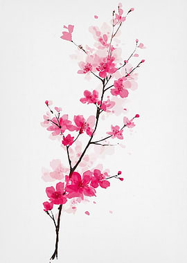 Pink Cherry Blossom Branch Watercolor Painting