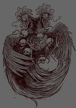Two-Headed Rooster with Skulls