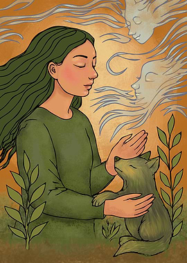 Woman, Wolf, and Spirits Illustration