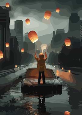 Cityscape with Lanterns and Flooded Street