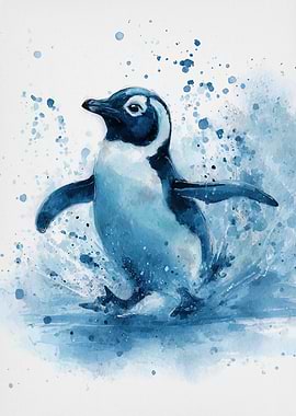 Watercolor Penguin Splashing