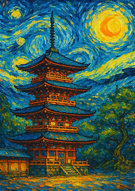 Japanese Pagoda in Starry Night Style