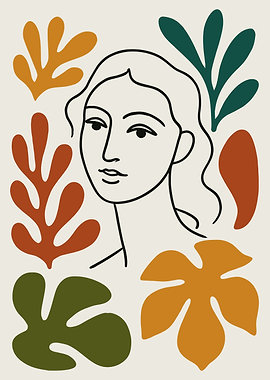 Minimalist Woman Portrait with Leaf Motifs