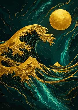 Golden Wave and Moon Art