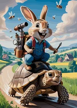 Rabbit riding a turtle with bees