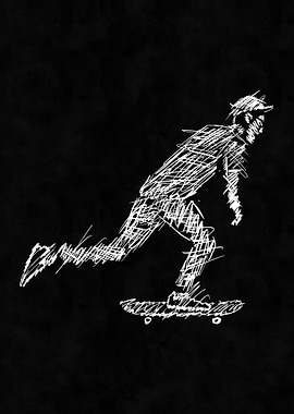 Skateboarder Sketch on Black Background