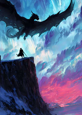Dragon and Warrior on Cliff Edge