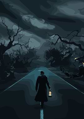 Man with Lantern on Dark Road