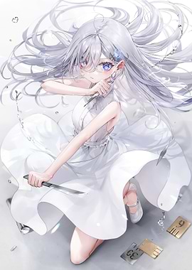 Anime Girl with Knife in White Dress