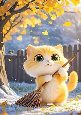 Cute Cat Broom Autumn