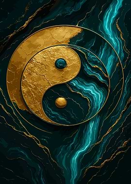Golden Yin Yang on Teal Marble