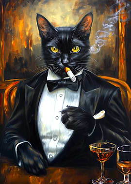 Sophisticated Cat in Tuxedo with Cigarette