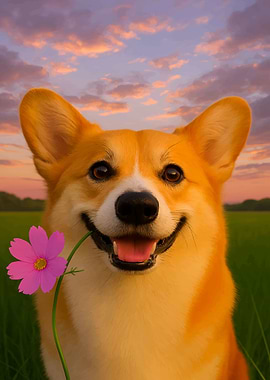 Smiling Corgi with Flower