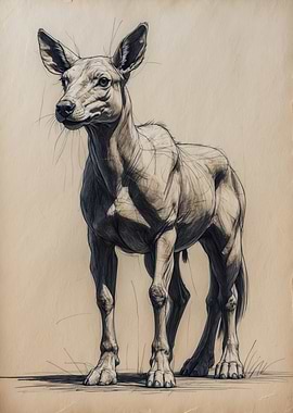 Pencil Study of a Hoofed Deer on Aged Paper — Detailed Wildlife Drawing