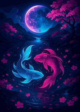 Koi Fish Under a Pink Moon