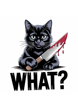 Funny Black Cat with Knife - 'WHAT?'