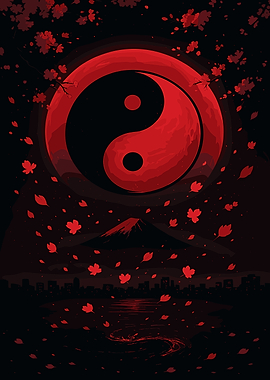 Red Yin Yang with Mount Fuji