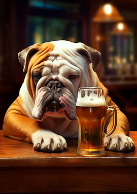 Bulldog with Beer at the Bar