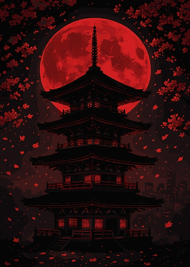 Japanese Pagoda Under Red Moon