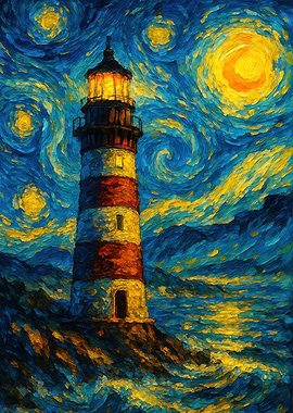 Lighthouse under Starry Night Sky Painting